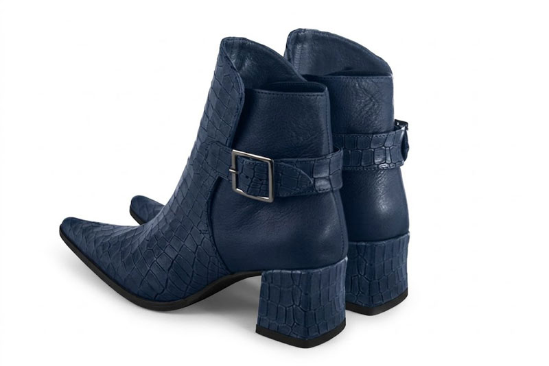 Women's navy blue back-buckle ankle boots with pointed toe and mid block heel - Rear view